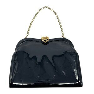 Vintage Admiral Black Patent Leather Evening Purse Clutch Gold-Tone Chain Clasp